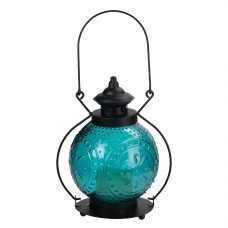 11" Ocean Blue Molded Glass Lantern with Flameless LED Pillar Timer Candle   